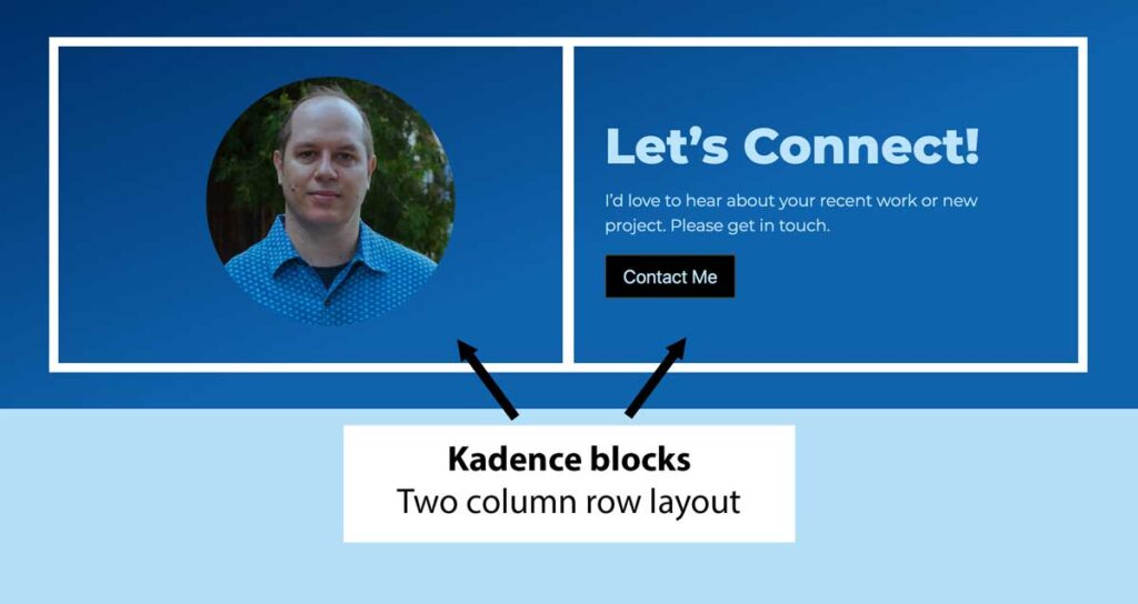 Kadence blocks row layout with two columns