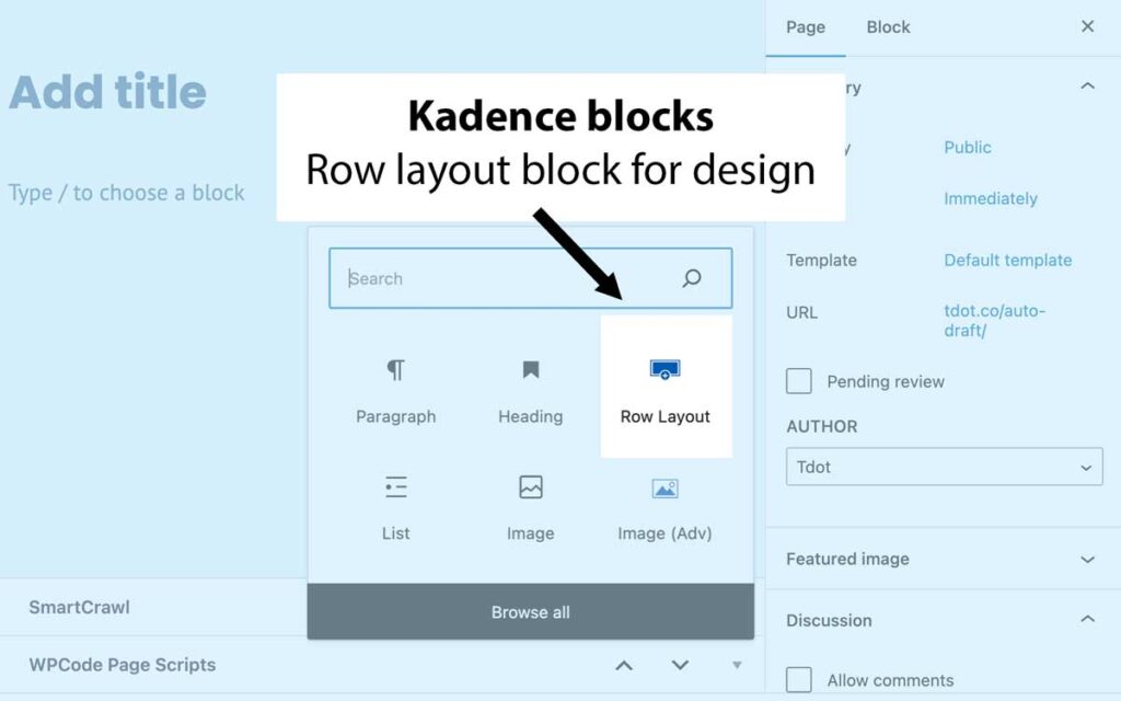 Kadence blocks row layout