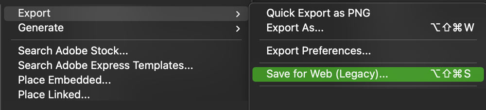 Photoshop export tab - save for web formats