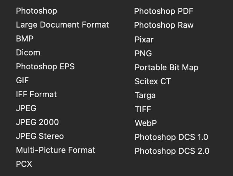 web formats from inside Photoshop export panel - best are jpeg or jpg, png and webp (and sometimes gif)